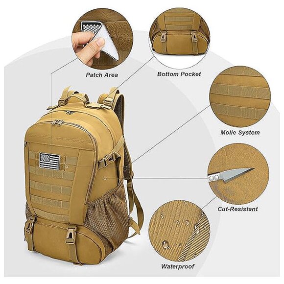Tactical Backpack for Men Hiking Day Pack Molle Military Rucksack 35L-TAN - Picture 5 of 8